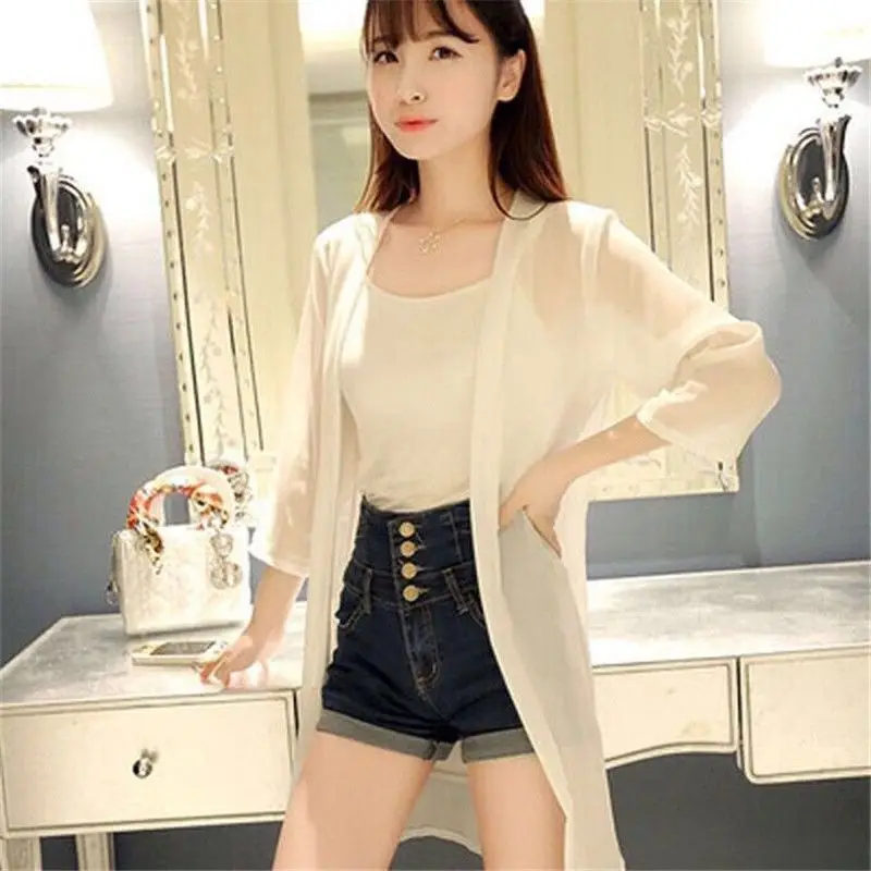 

Women's Sunscreen Clothing New Chiffon Women Thin Coat Breathable Mid Length Blouses Beach Top Fashion Chiffon cardigan