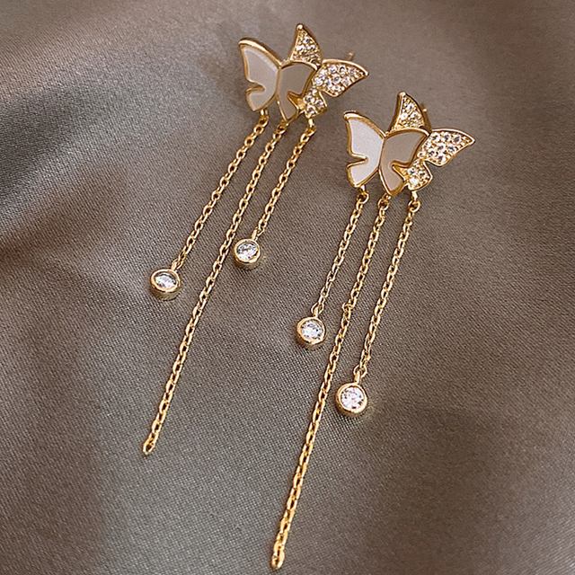 Elegant Cute Rhinestone Butterfly Stud Earrings For Women Girls Fashion Metal Chain Earring Wedding Party Jewelry Gifts