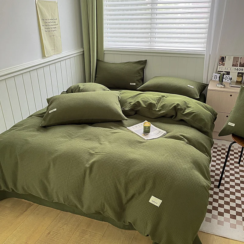 Simple Waffle Jacquard 100% Cotton Bedding Set Soft Comfortable Queen Duvet Cover Set with Sheets Quilt Cover and Pillowcases 3