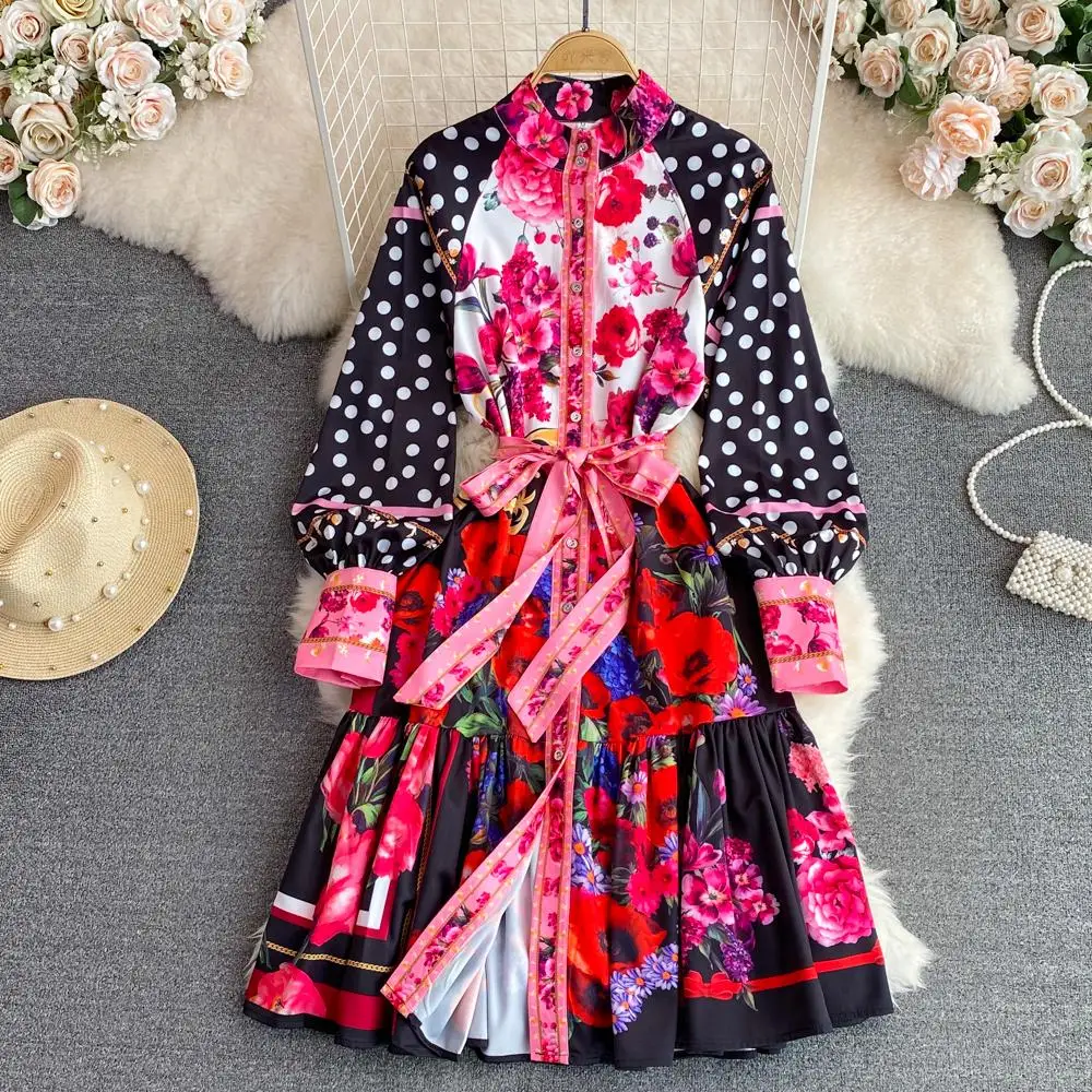 

Runway Autumn Holiday Midi Dress Women Clothing Ruffles Stand Collar Lantern Sleeve Flower Print Belted Knee Length Vestidos