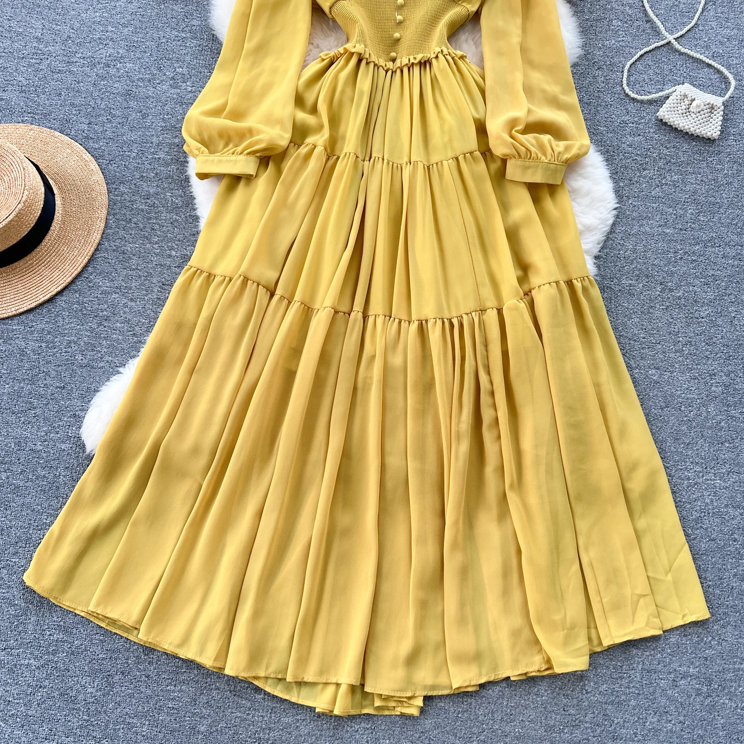 Vintage Chiffon Long Dress Women Elegant V-neck Long Sleeved Casual Dresses French Pleated Slim A-line Long Robe Vestidos
