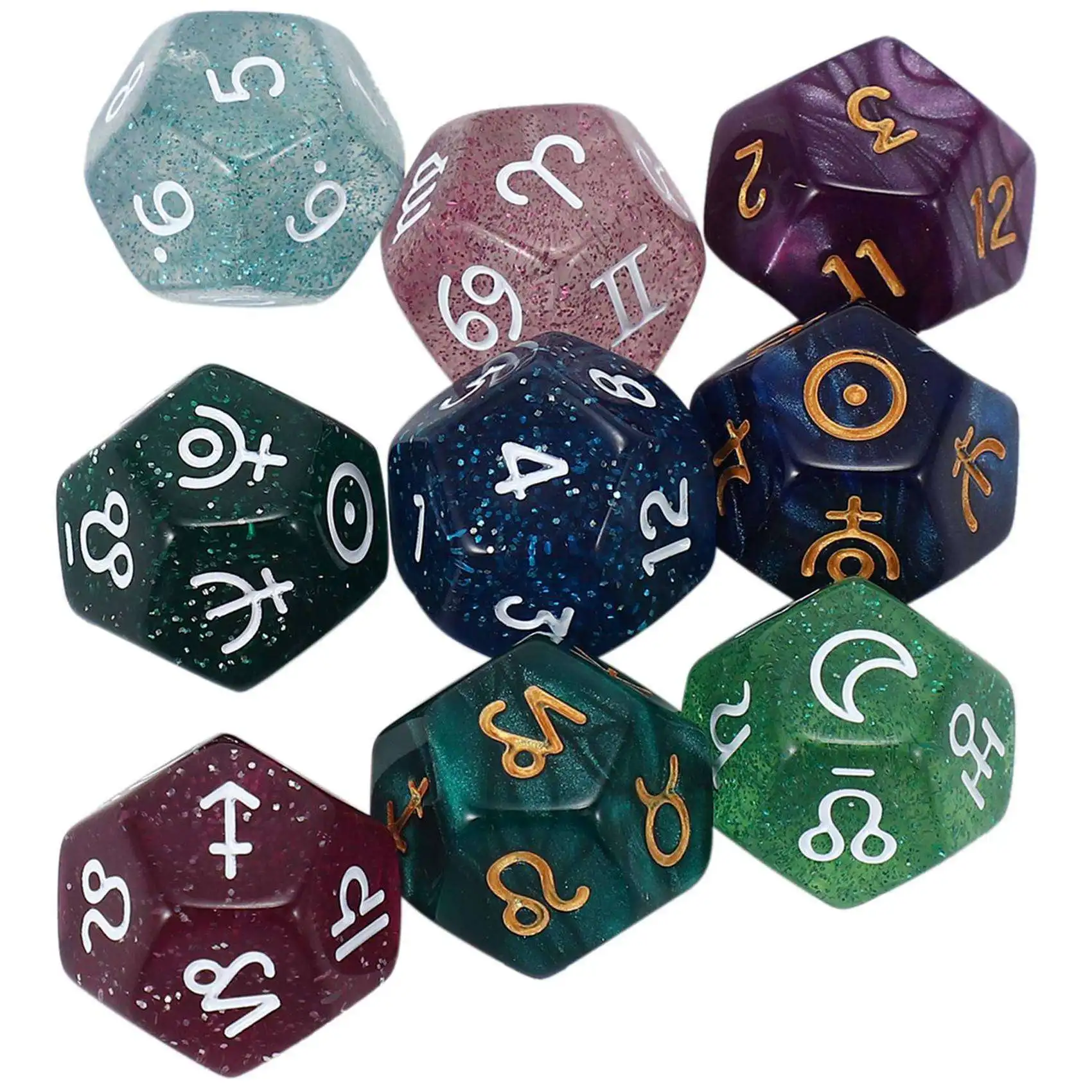 BAAU 36Pcs Pearl 12-Sided Astrology Zodiac Signs Dice for Constellation Divination Toys Multi Sided Dice Type A