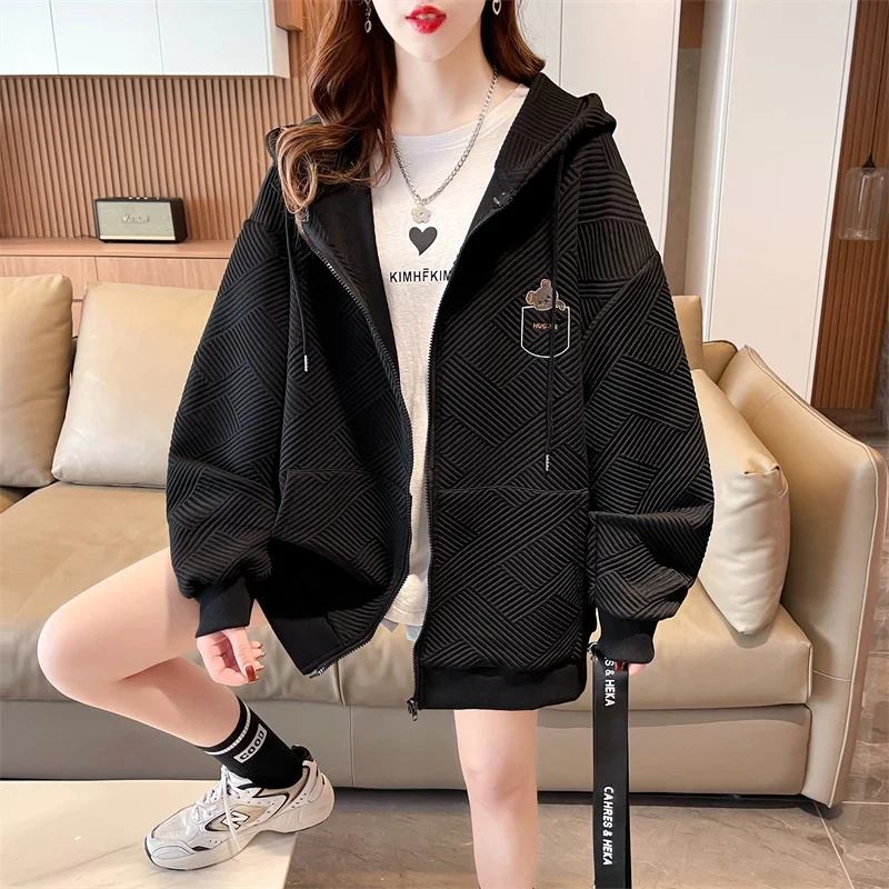 봄과 가을 얇은 능직 겉옷 후드 가디건 자수 곰 오버 핏 후드, 여성 팻 mm 배꼽 커버 슬리밍 탑 패션