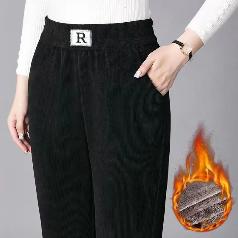 High waisted elastic warm pants for women loose casual letter pocket straight leg pants