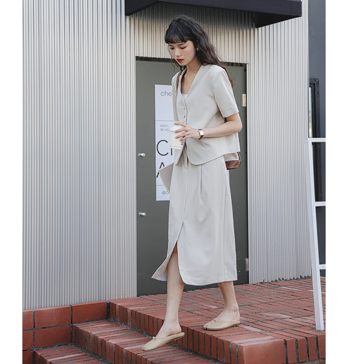 

Real Shot Korean Style Design Sense Short Sleeve Suit Set Women Summer High Waist Slit Slimming Skirt Two-piece Set High Quality