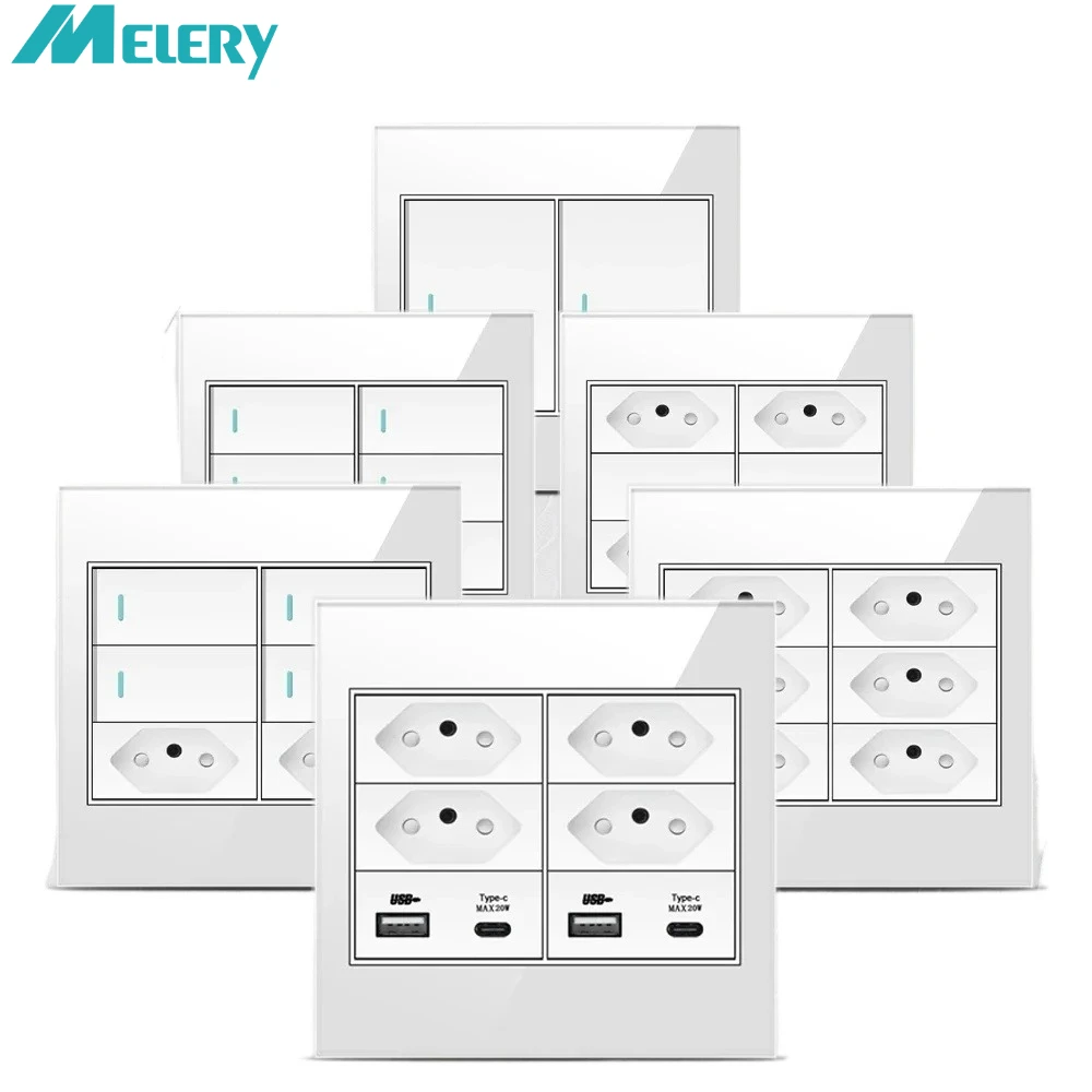 Melery 4x4เต้าเสียบหน้าจอโทรศัพท์ทนไฟ20A บราซิลมาตรฐาน USB คู่ชนิด C สวิทช์ช่องไฟไฟติดผนังสำนักงานสีขาวบ้าน 1