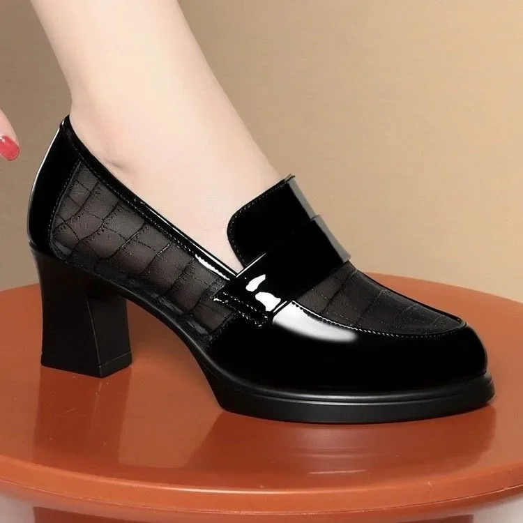Spring/Autumn Women's Mesh & Leather Fashion High Heels - Hollow Out Soft Leather Mid Heel Soft Sole Chunky Heel Loafers2026