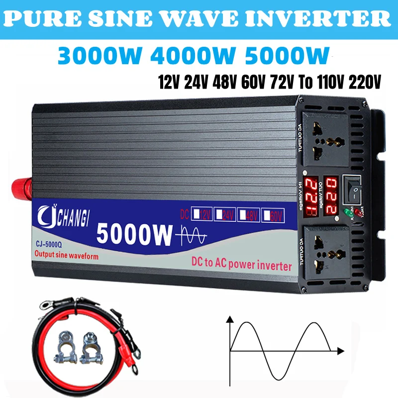 171739-cad04d.jpg S6bad519692264a02afe20e5eba6edd7dn 3000/4000/5000W Pure Sine Wave DC 12V 24V 48V 60V to AC 220V Power Convert Double Socket Converter Solar Car Inverter Mallzona