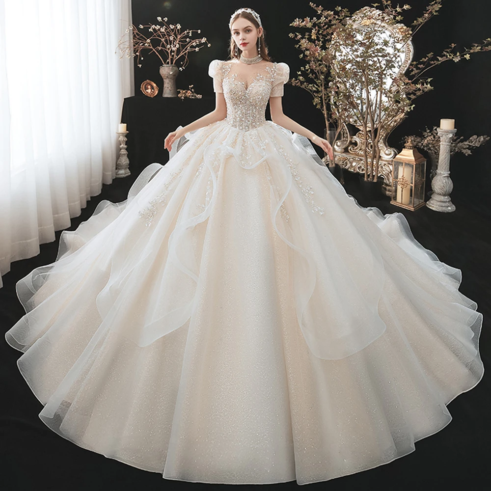 Luxury Beading Wedding Dresses Gorgeous Appliques Chapel Train Ball Gown High Neck Puff Sleeve Vintage Wedding Bride Gowns