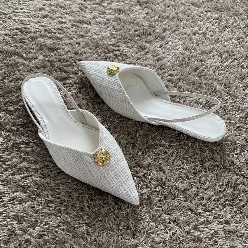 2025 Woman White Fabric High Heels Chic Metal Inlaid Slingback Kitten Heel Shoes Summer Elegant Female Office Low Heels Sandals 3