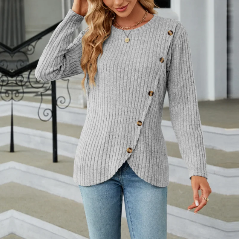 

Women's Clothing 2023 Autumn Winter New Fashion Versatile Splice Buttons Round Neck Long Sleeve Solid Color Pullover Sweater