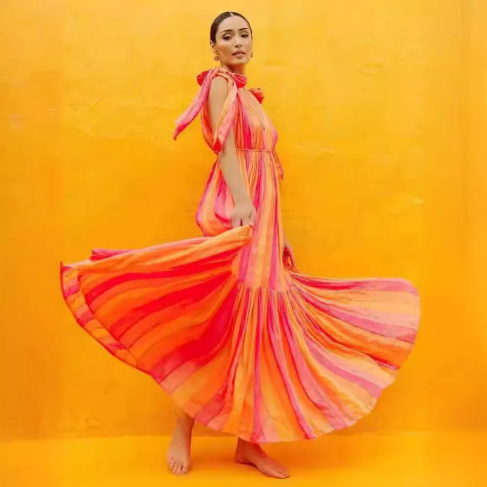 

New Summer Women's Clothing Sleeveless V-neck Lace-up Printed Fashionable And Elegant Commute Bohemian Style Long Dress