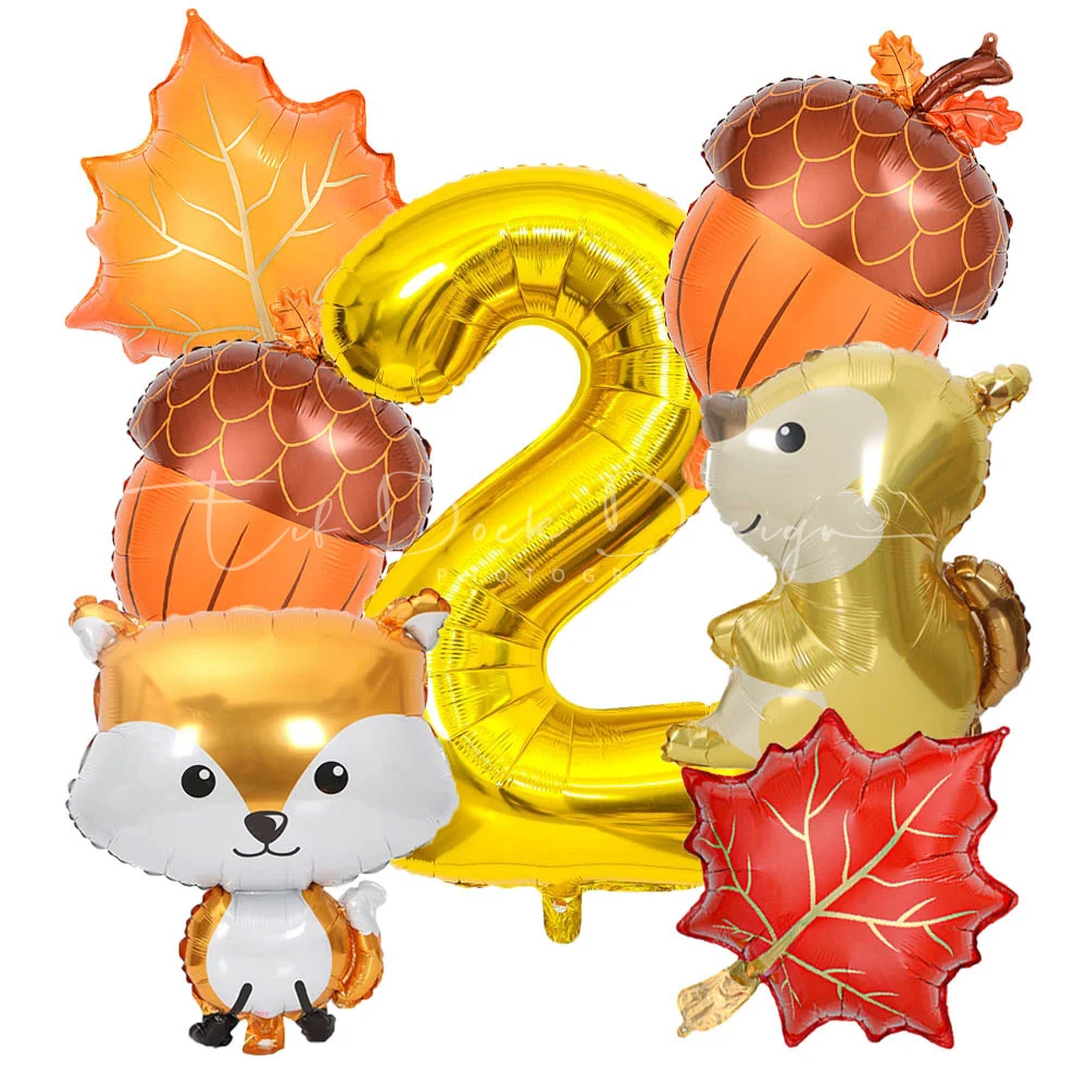 7 Stück Dschungeltiere Eichhörnchen Fuchs Ahornblatt Kiefer Thanksgiving Thema Gold Zahl Folienballon für Geburtstagsfeier Dekoration Geschenke – Detail 2