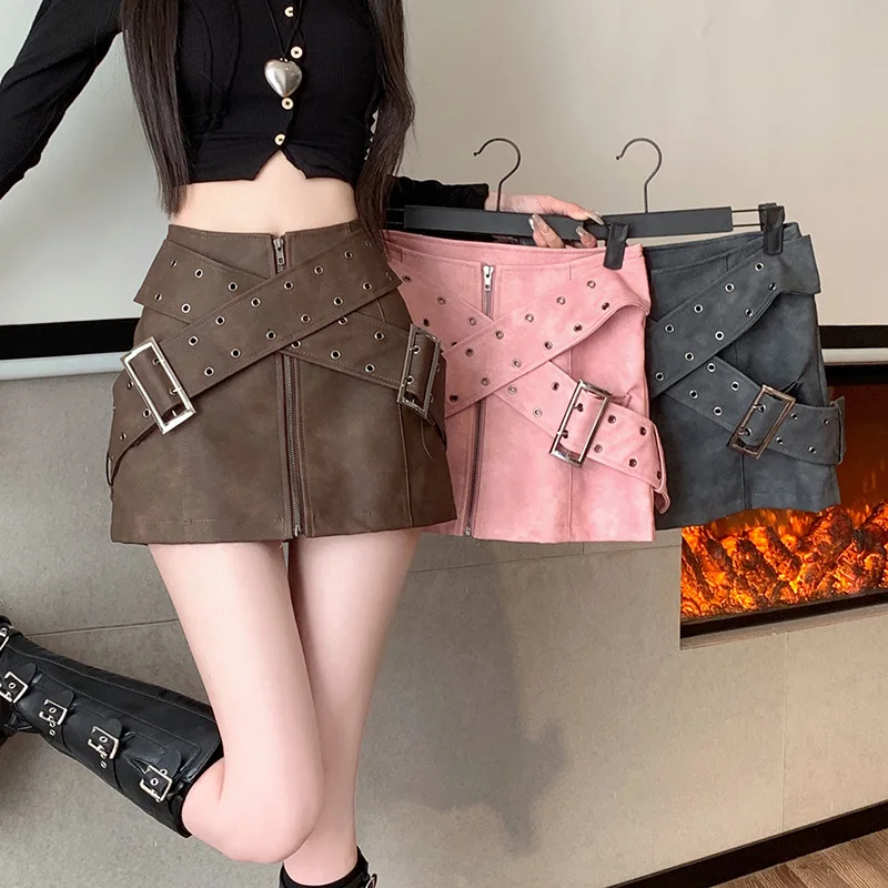 

Vintage Spicy Girl Slim Cross PU Mini Skirts Fashion Zipper High Waist Mini Y2k Skirt Faldas De Mujer 2023 New Bottoms