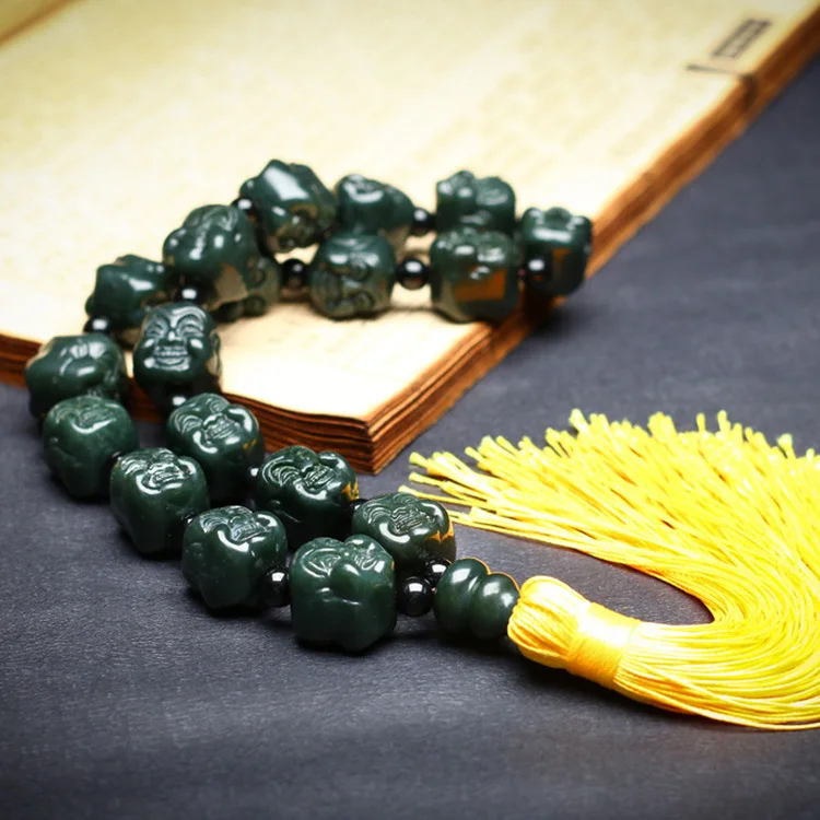 

Natural Hetian Jade Buddha Head Tassel Bracelet Men Men Genuine Nephrite Green Jades 18 Lotus Beads Buddhism Rosary Bracelets