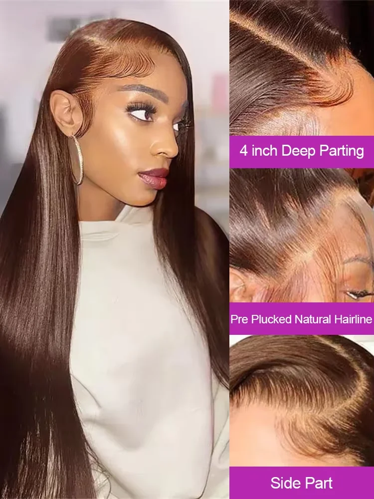 40 Inch 4# Chocolate Brown Straight HD Lace Wig 13x6 13X4 Human Hair Brazilian 220 Density Colored Lace Front Wigs Hair Prepluck