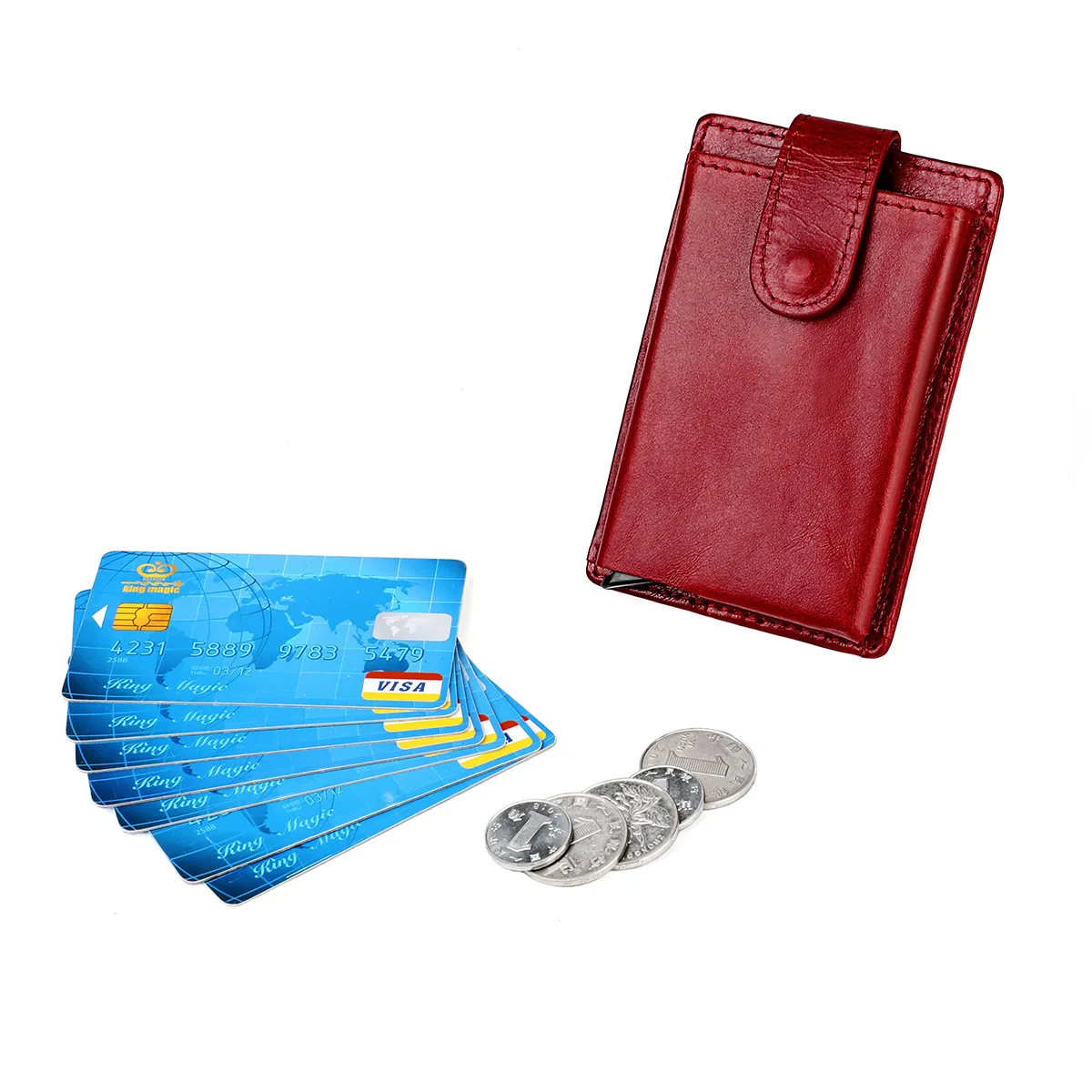 Vintage Crazy Horse Leather Men Wallets Luxury RFID Protection Mini Metal Wallet Automatic Pop-up Card Holder for Men and Women