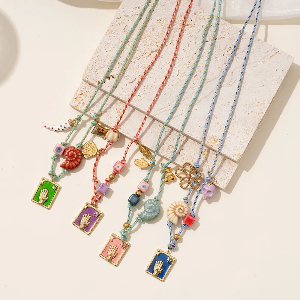 Multi-color Oil Dripping Enamel Tarot Card Pendant Neckalce Texture Snail Shell Conch Colorful Rope Palm Summer Beach Jewelry