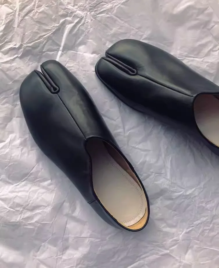 

Split Toe Square Toe Flats Leather Black Pumps British Style Flats Comfortable Soft Sole Women Shoes Two Ways To Wear