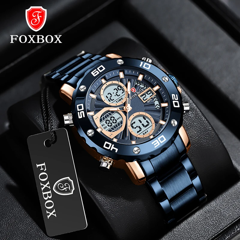 Luxury Brand FOXBOX Sport Watches For Men Fashion Blue Quartz WristWatch Steel Band Digital Chronograph Waterproof Clock 2024