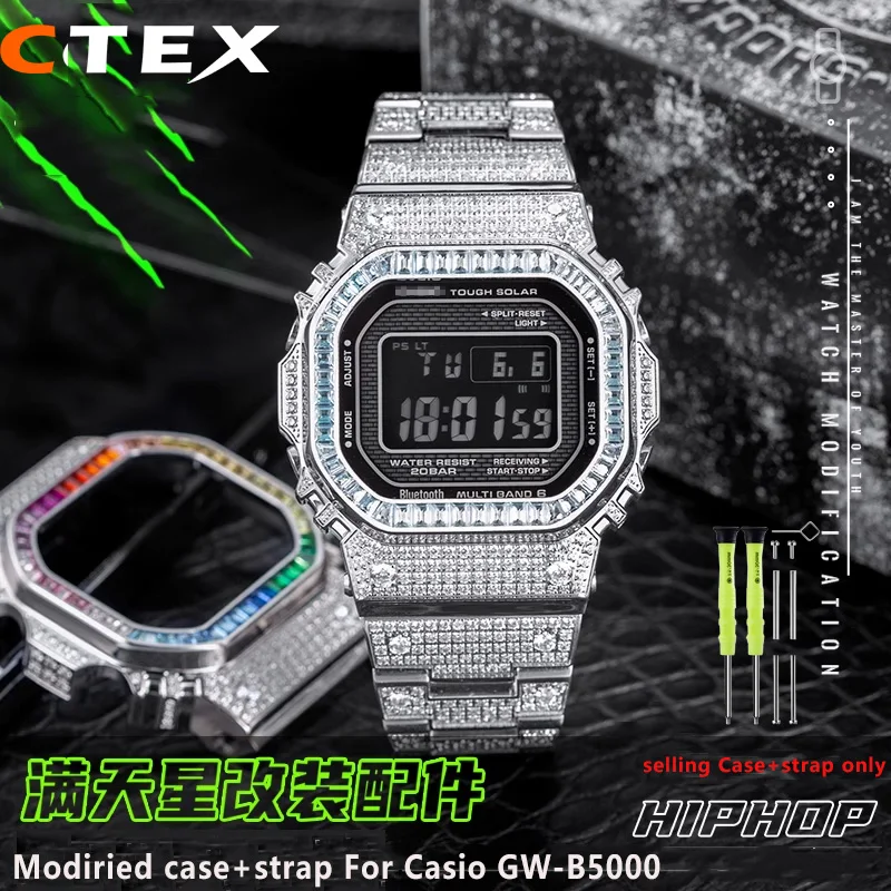 

Modified diamond-encrusted Bling Metal Case watch Strap For Casio GMW-B5000 small square stainless steel men watchband Bracelet