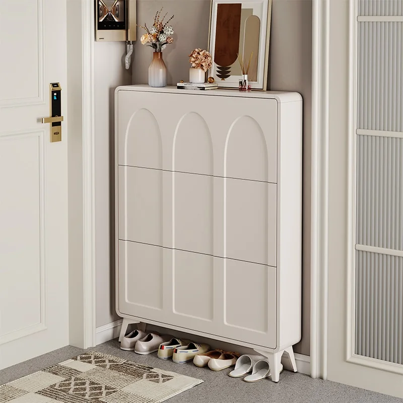 

Cream wind ultra-thin dumper shoe cabinet new 2024 explosions indoor entrance small shoe rack.