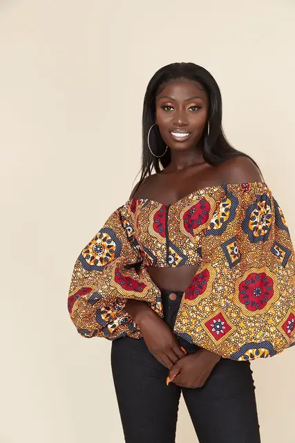 Adaeze Print Lantern Sleeve Crop Top - Image 3