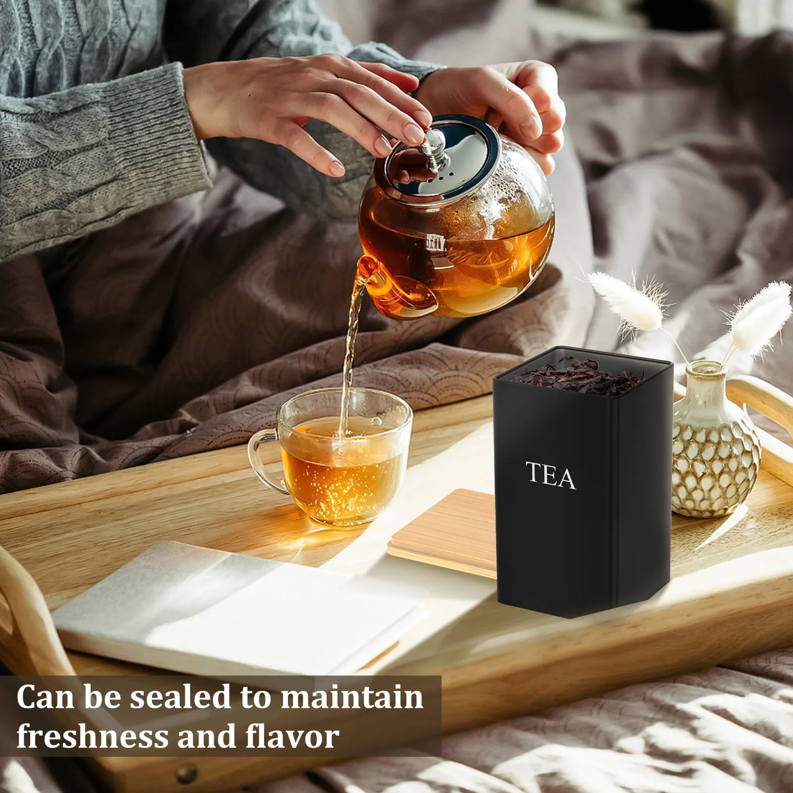 Set of 3 Bamboo-Lid Metal Storage Jars for Coffee, Tea, and Sugar