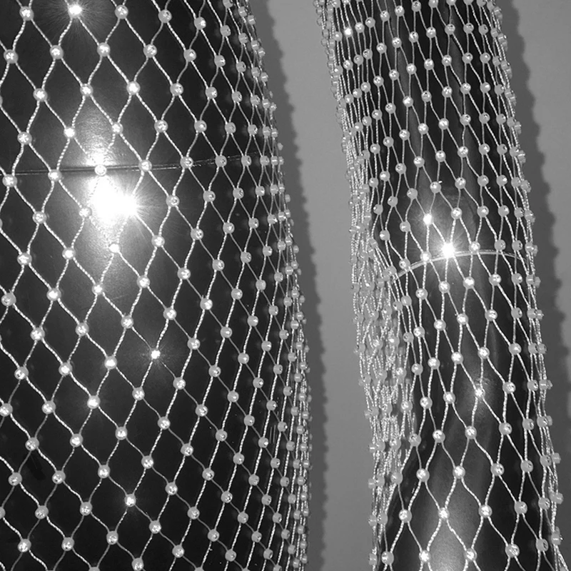 Shiny Rhinestones Grid Fishnet Dress Long Sleeve O-Neck Hollw Out Side Slit Dress Sexy Beach Cover Up Breathable Lady Vestidos
