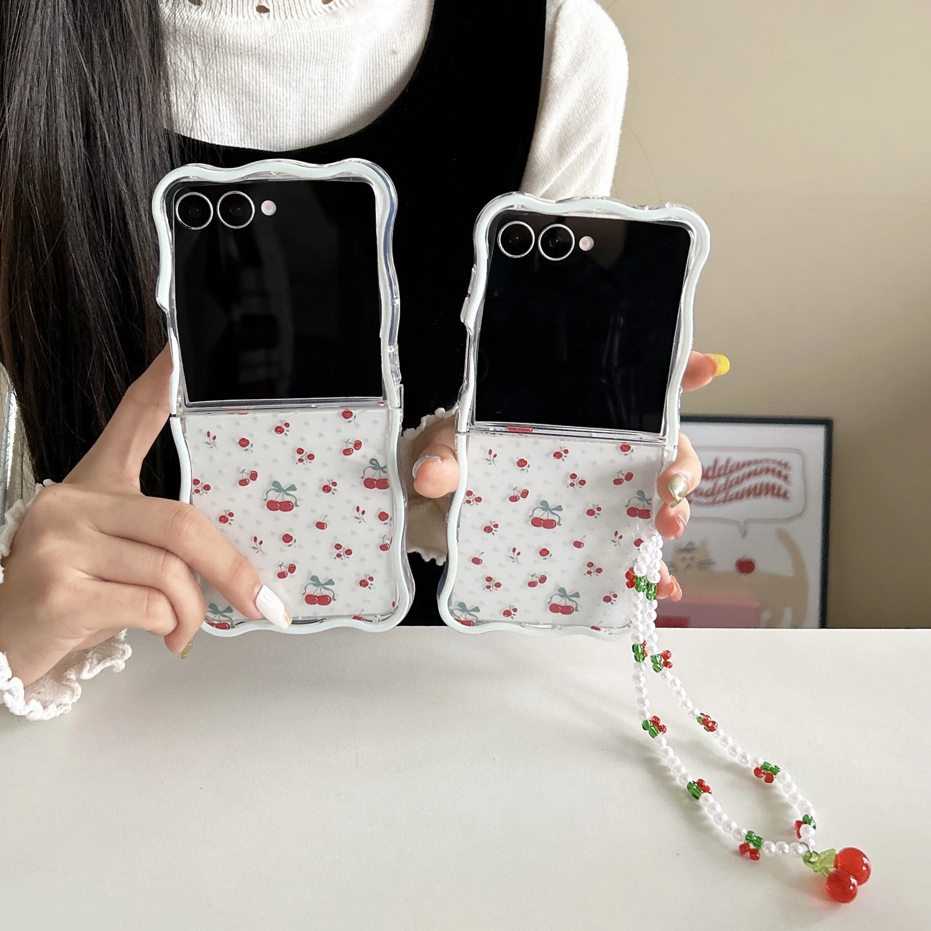 Korean Cherry Fruit Phone Case with Lanyard and Wave Design