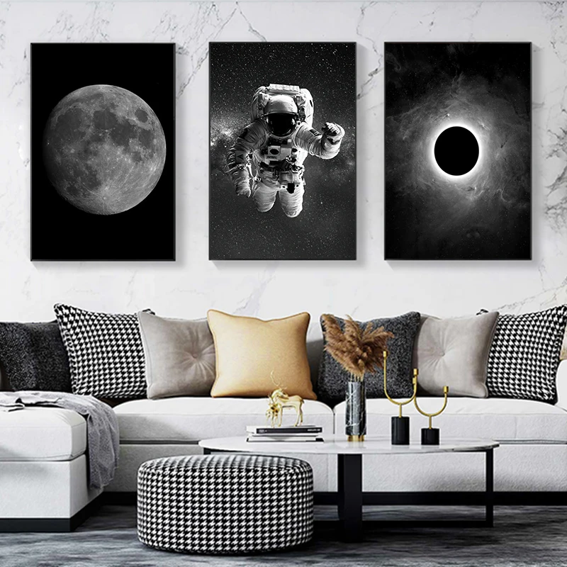 

Black and White Astronaut and Moon Canvas Painting Poster and Prints Space Wall Art Pictures for Living Room Decor
