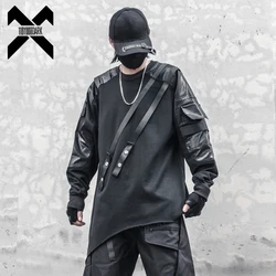 Men PU Patchwork Sweatshirt Hip Hop Streetwear Goth Punk Pullover 2022 Fashion Harajuku Functional Sweat Shirt Tops Men Clothing