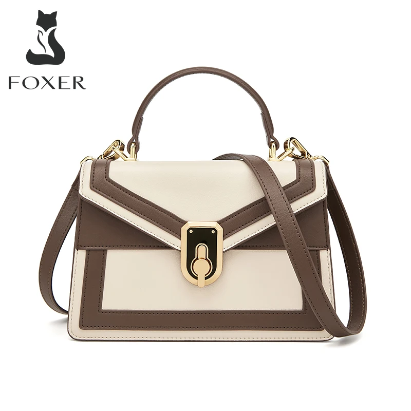 

FOXER Medium Small Handbag Women's Crossbody Shoulder Bag Split Leather Contrast Color Lady Office Stylish Fall Winter Flap Tote