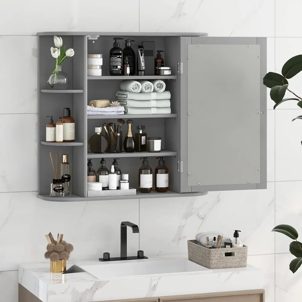 

Bathroom Medicine Cabinet with Mirror, Wall Mounted Bathroom Storage Cabinet w/Mirror Door & 6 Open Shelves, Adjustable Shelves