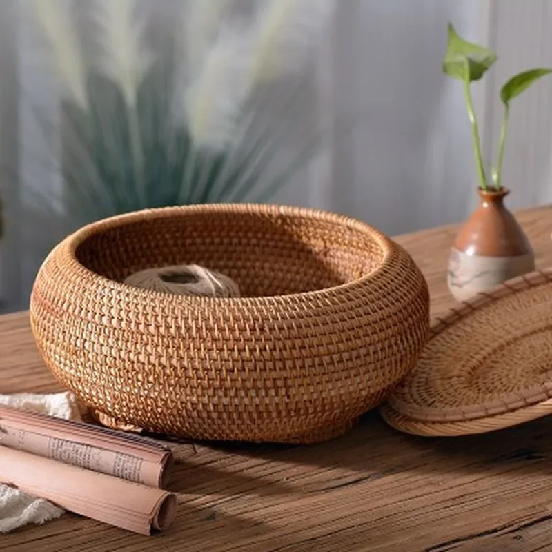 Round Rattan Boxes with Lid Hand-Woven Multi-Purpose Wicker Tray 11 Inch Picnic Food Bread Table Storage Basket WF Ring box Desk 2