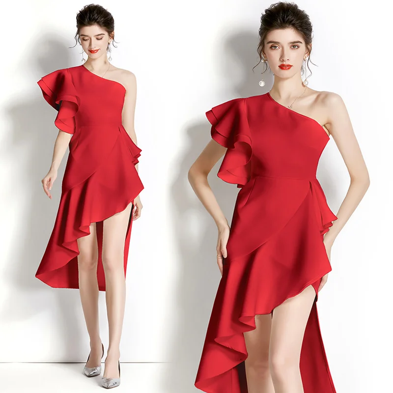 

2023 New fashion ruffled irregular dress female solid color
