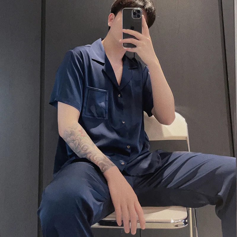 

QSROCIO Men's Spring Summer Simulated Silk Thin Pajamas Solid Short Sleeve Cardigan Pants Fashion Satin Home Clothing Set