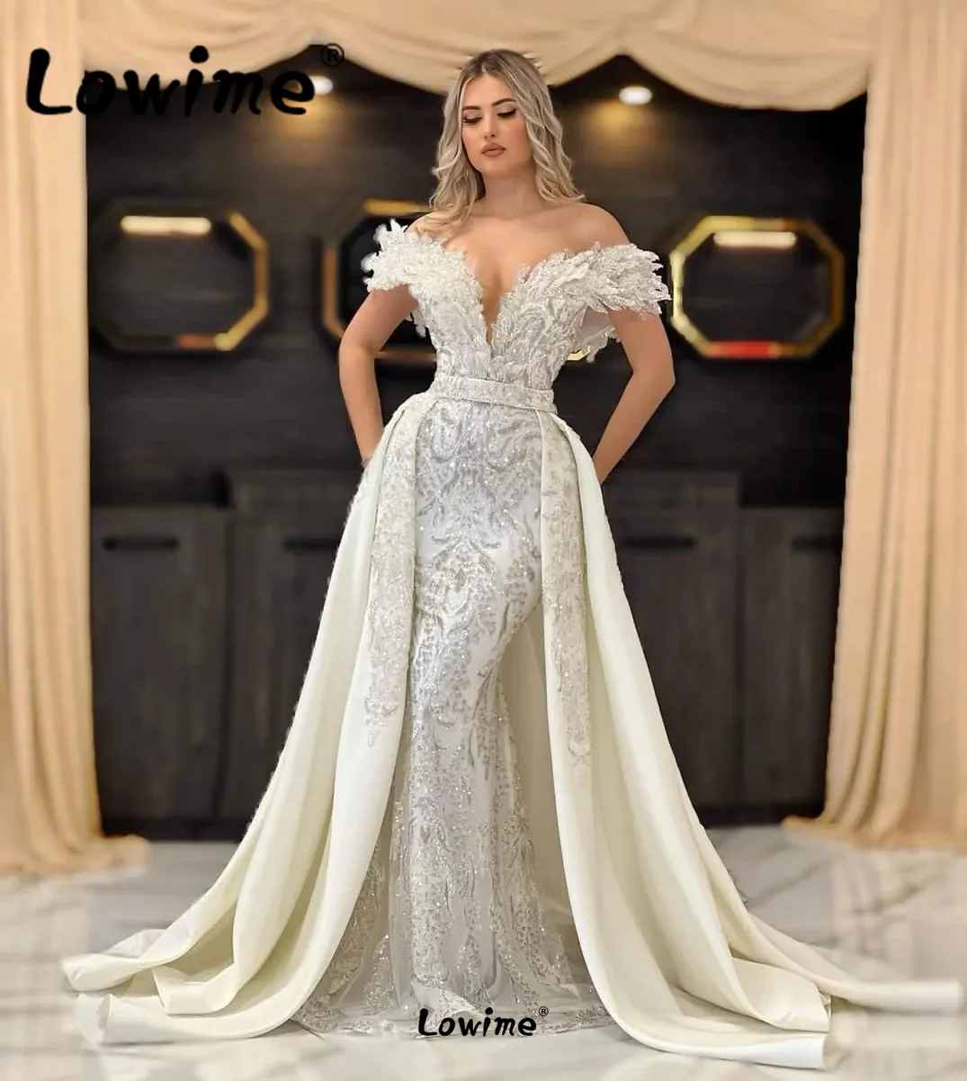 Elfenbein abgestufte schulter freie Party kleider für Hochzeiten arabische lange Promi-Kleider Ballkleid Meerjungfrau Perlen Pailletten Abendkleid