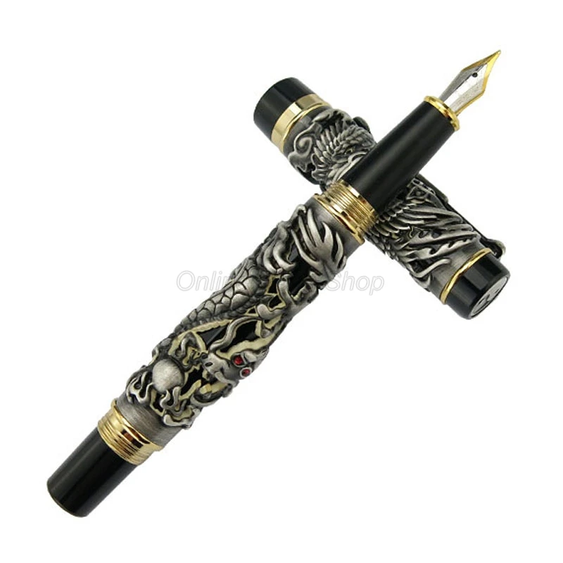 Jinhao Vintage Dragon Phoenix Fountain Pen Metal Carving Embossing Heavy Pen Noble Gray And Black For Stationery Gift Pen JF002