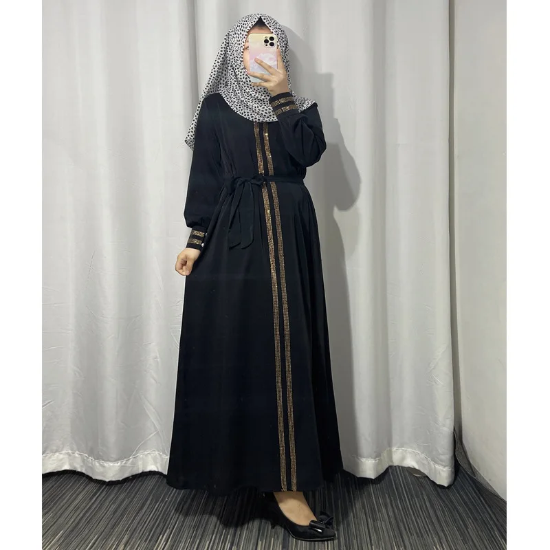 Black Bangladesh Women Lace Maxi Abaya Dubai Turkey Muslim Hijab Dress 2022 Plus Size Diamond Shiny Boubou Long Sleeve Dress