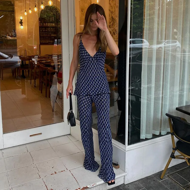 Printed Fashion Women's Pants Outfits V-Neck Contrast Slim Pullover And Wide Leg Trousers 2 Piece-Set Clothes Casual Sets