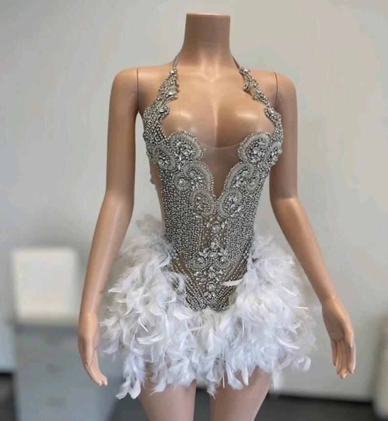 Red Sexy Halter Feather African Cocktail Dresses Beaded Birthday Party Gowns Short Black Girl Prom Dresses Homecoming Customized