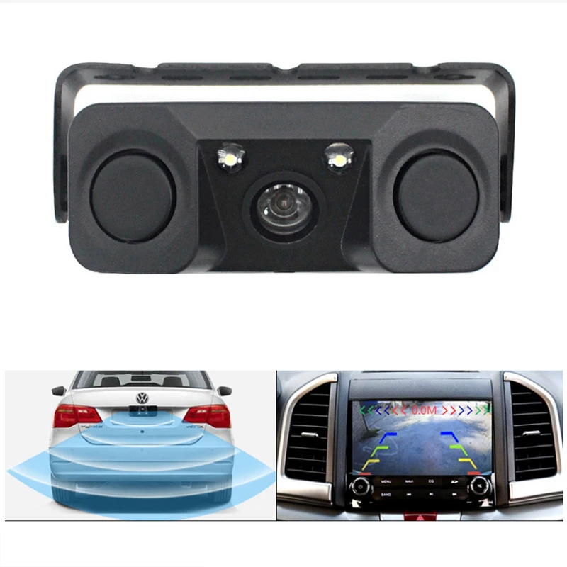 12V HD 자동차 후면보기 카메라 3 In 1 주차 감지기 센서 레이더 LED 야간 투시경 방수 역방향 카메라 범용 액세서리