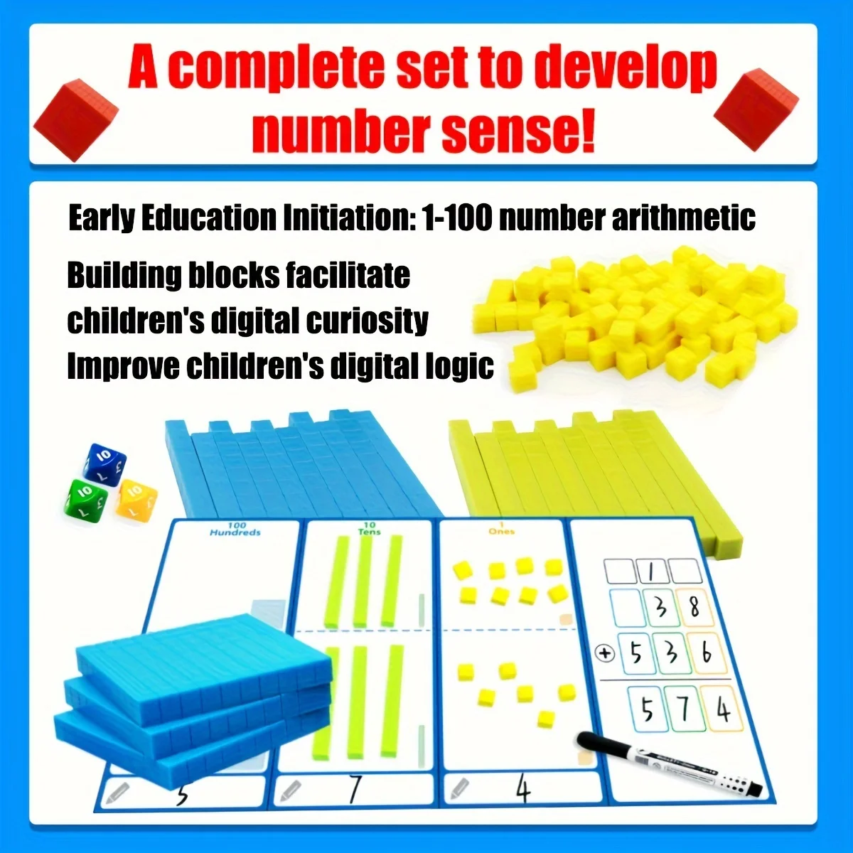 131PCS Base Ten Blocks Toys For Math Plastic Base 10 Math Manipulatives Number Blocks Kids Learning Counting Cubes Toys