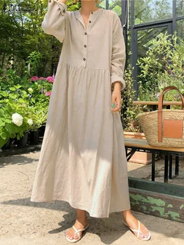 Women's Elegant Solid Cotton Robe Femme 2022 Spring Autumn Bohemian Maxi Dress ZANZEA Casual Long Sleeve Shirt Dresses Oversized 1