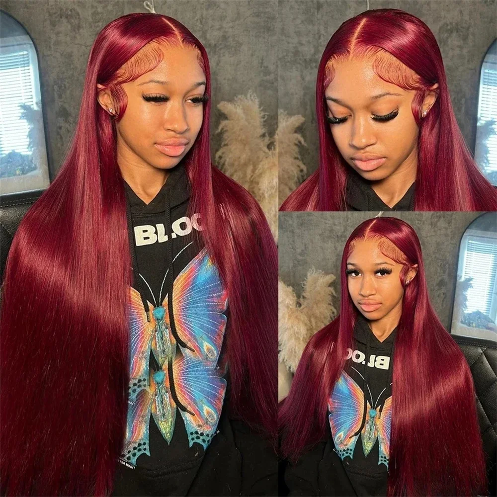 99j Straight Frontal Wig Burgundy 13x4 Lace Front Wig Human Hair Straight HD Transparent Lace Front Human Hair Colored Wigs