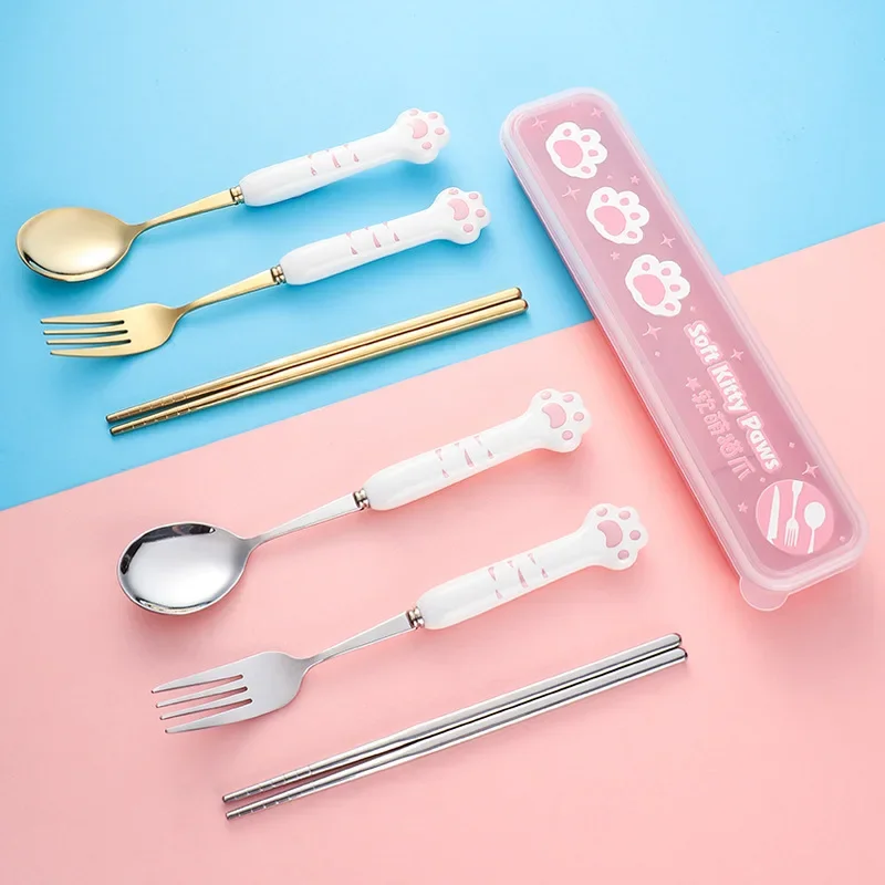 Stainless Steel Cute Cat Claw Tableware Spoon Fork Chopsticks Set