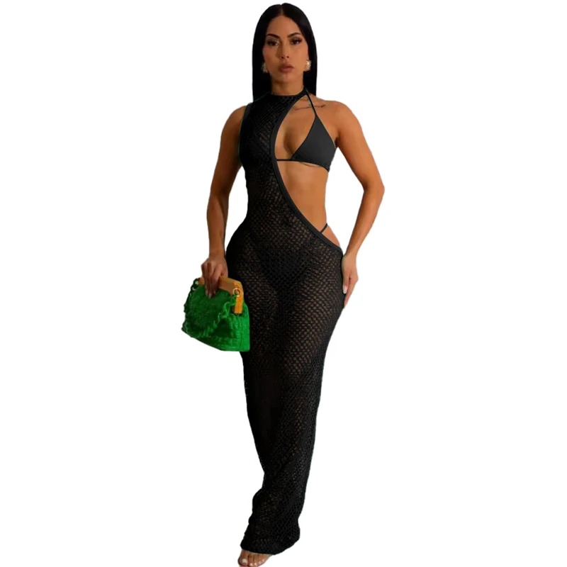 

Sexy Fishnet Three Piece Set Summer One Shoulder Sleeveless Hollow Out Mesh See Through Beach Long Dress Women Slim Vestidos