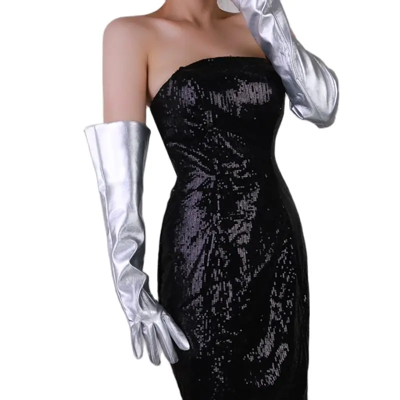 

Длинные женские лакированные перчатки 50 см, перчатки из искусственной кожи с большими рукавами с буффами, ярко-серебристые, для мужчин и женщин