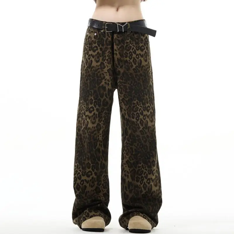 American original new retro leopard print jeans straight-leg loose men Korean style niche fashion casual versatile trendy pants